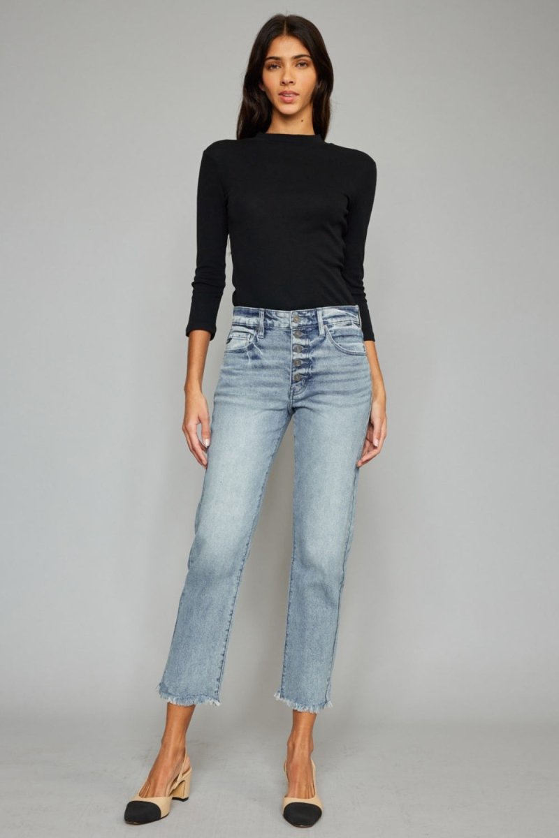 Kancan High Waist Button Fly Raw Hem Cropped Straight Jeans - Bottoms Sale